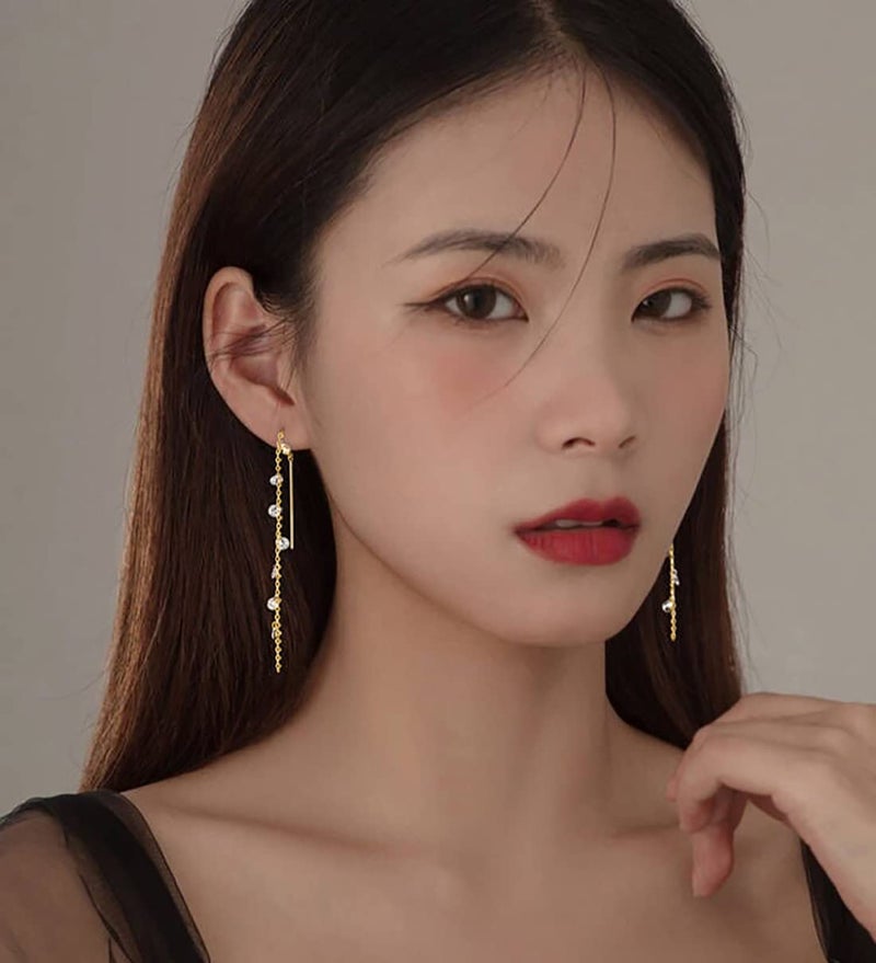 SLUYNZ 925 Sterling Silver Sparkling CZ Droplet Dangle Earrings for Women Teens Elegant Long Dangling Earrings Threader Tassel (C-Gold Plated) - Image 2